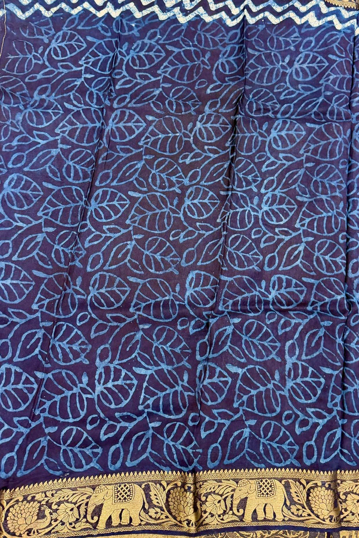 Royal Blue Dola Silk Ajrakh Print Saree with Geometric Design & Gold Zari Border
