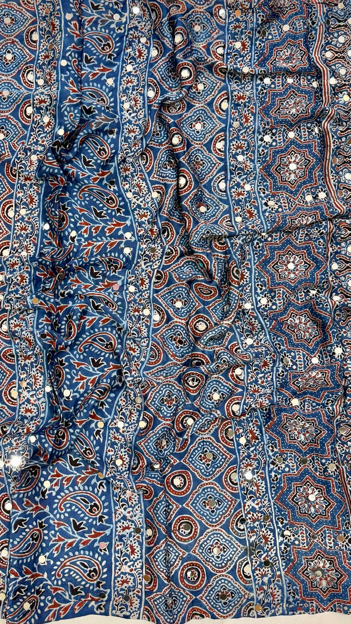 Pure Modal Silk Saree in Indigo Blue with Multi-Color Ajrakh Prints and Mirror Work