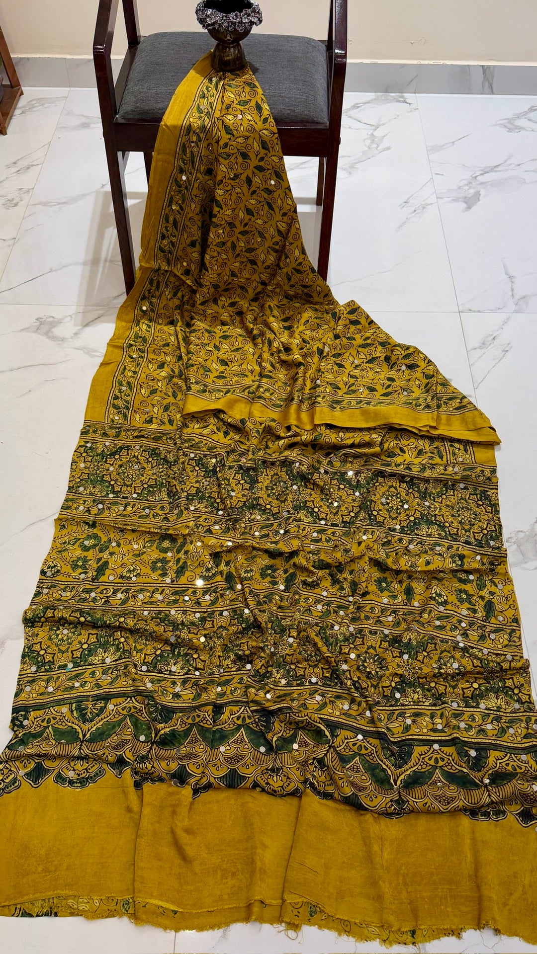 Pure Modal Silk Saree in Mustard Yellow with Forest Green Ajrakh Details and Mirror Work