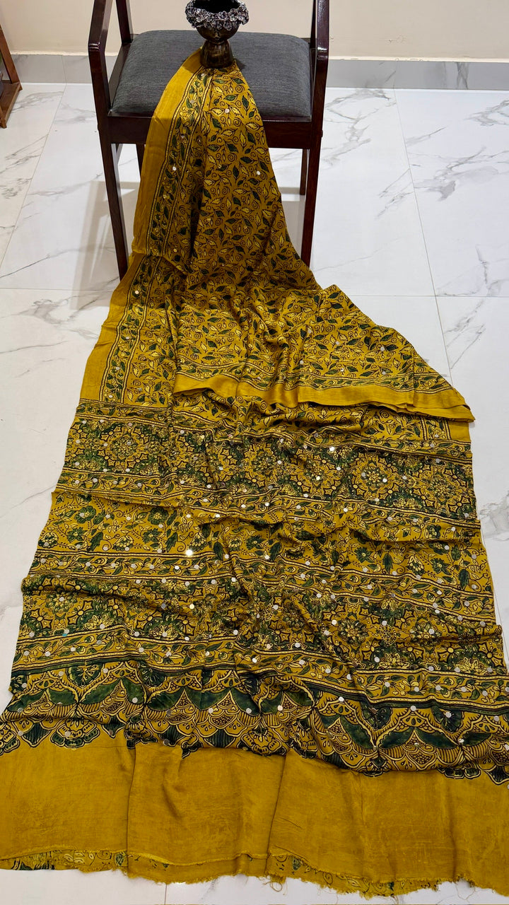 Pure Modal Silk Saree in Mustard Yellow with Forest Green Ajrakh Details and Mirror Work
