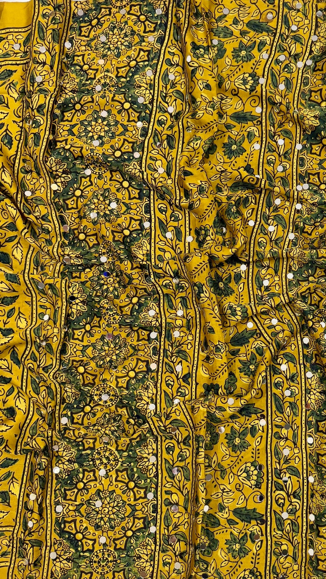 Pure Modal Silk Saree in Mustard Yellow with Forest Green Ajrakh Details and Mirror Work