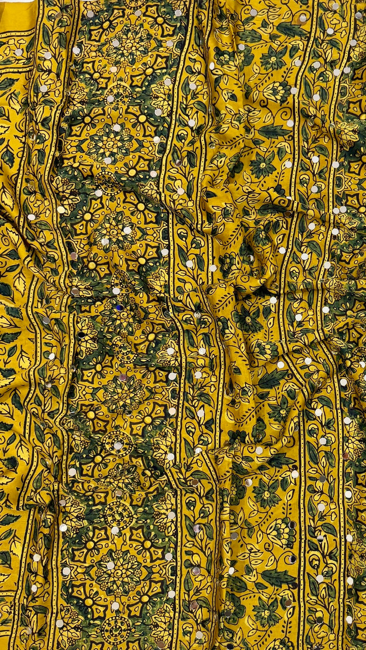 Pure Modal Silk Saree in Mustard Yellow with Forest Green Ajrakh Details and Mirror Work