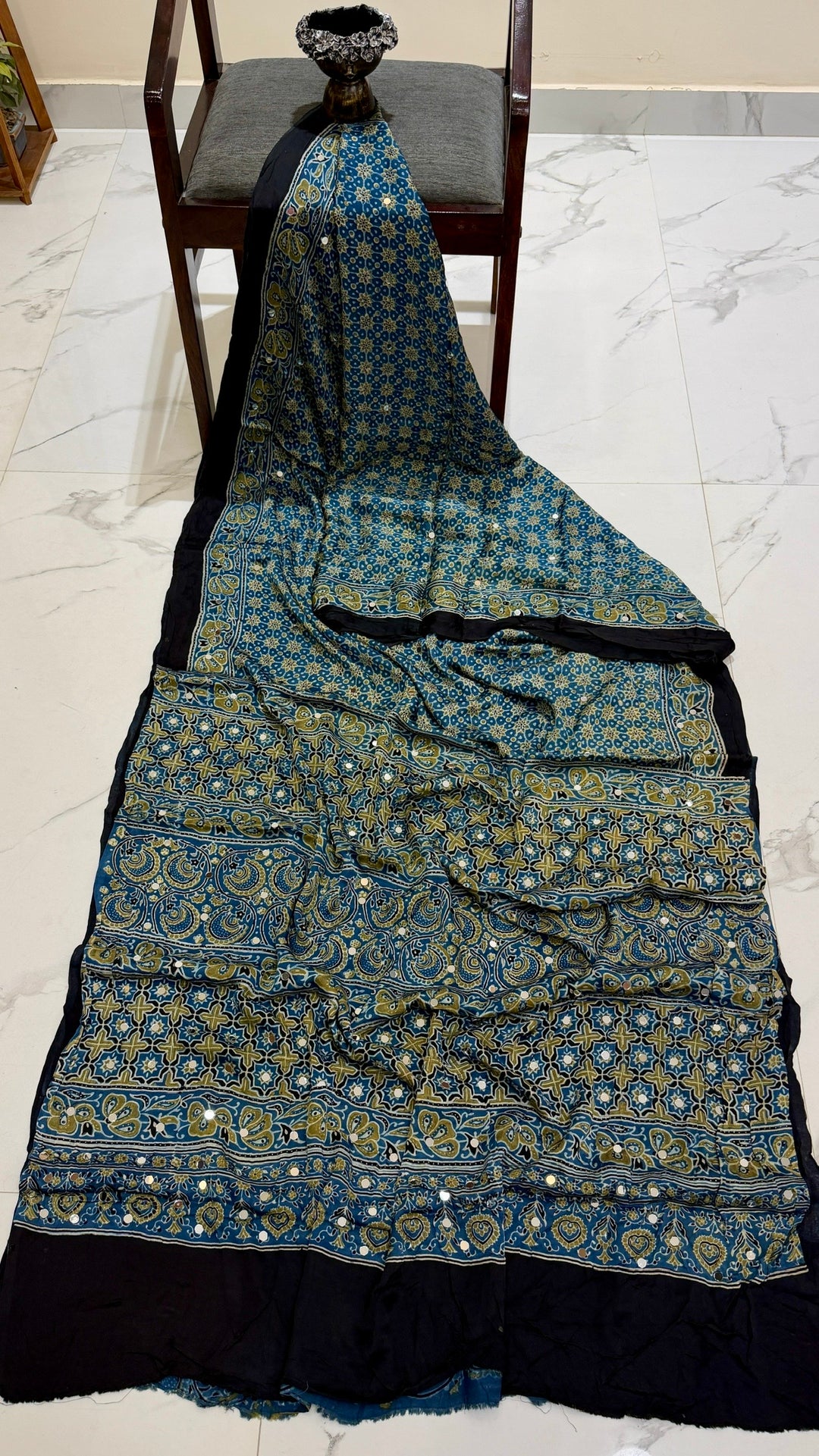 Pure Modal Silk Saree in Turquoise Blue with Intricate Ajrakh Geometry and Mirror Work