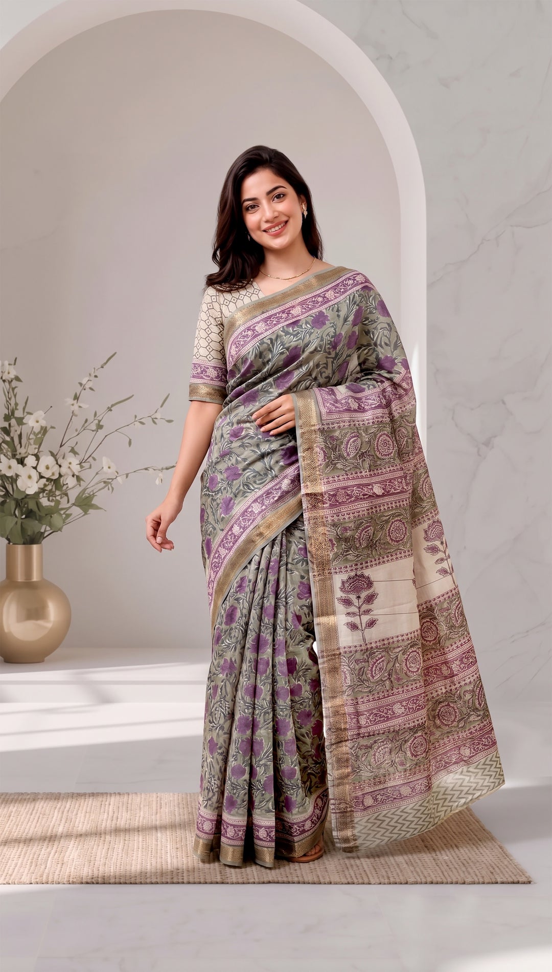 Soft Grey & Purple Floral Handblock Pure Maheshwari Silk Saree with Zari Pallu