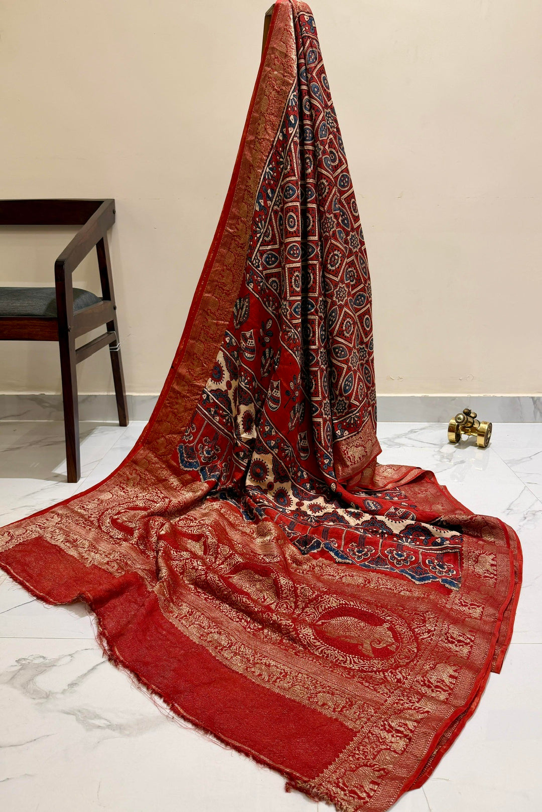 Red Dola Silk Ajrakh Print Saree with Classic Ethnic Design & Heavy Gold Zari Border