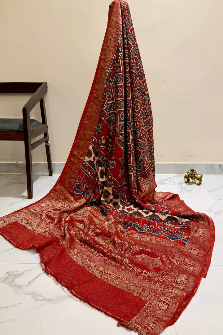 Red Dola Silk Ajrakh Print Saree with Classic Ethnic Design & Heavy Gold Zari Border