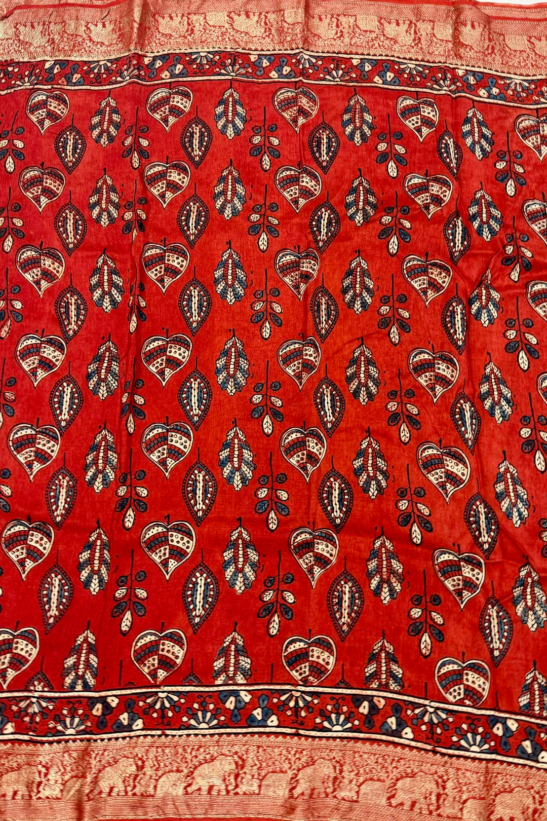 Red Dola Silk Ajrakh Print Saree with Classic Ethnic Design & Heavy Gold Zari Border