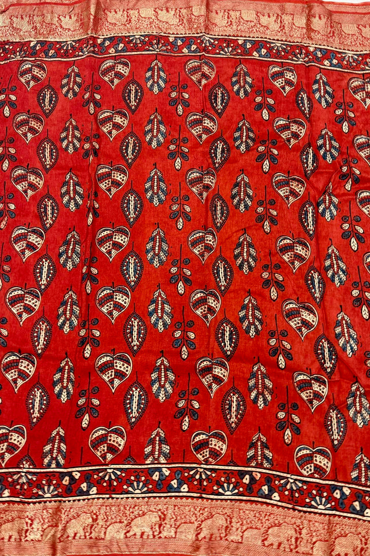 Red Dola Silk Ajrakh Print Saree with Classic Ethnic Design & Heavy Gold Zari Border