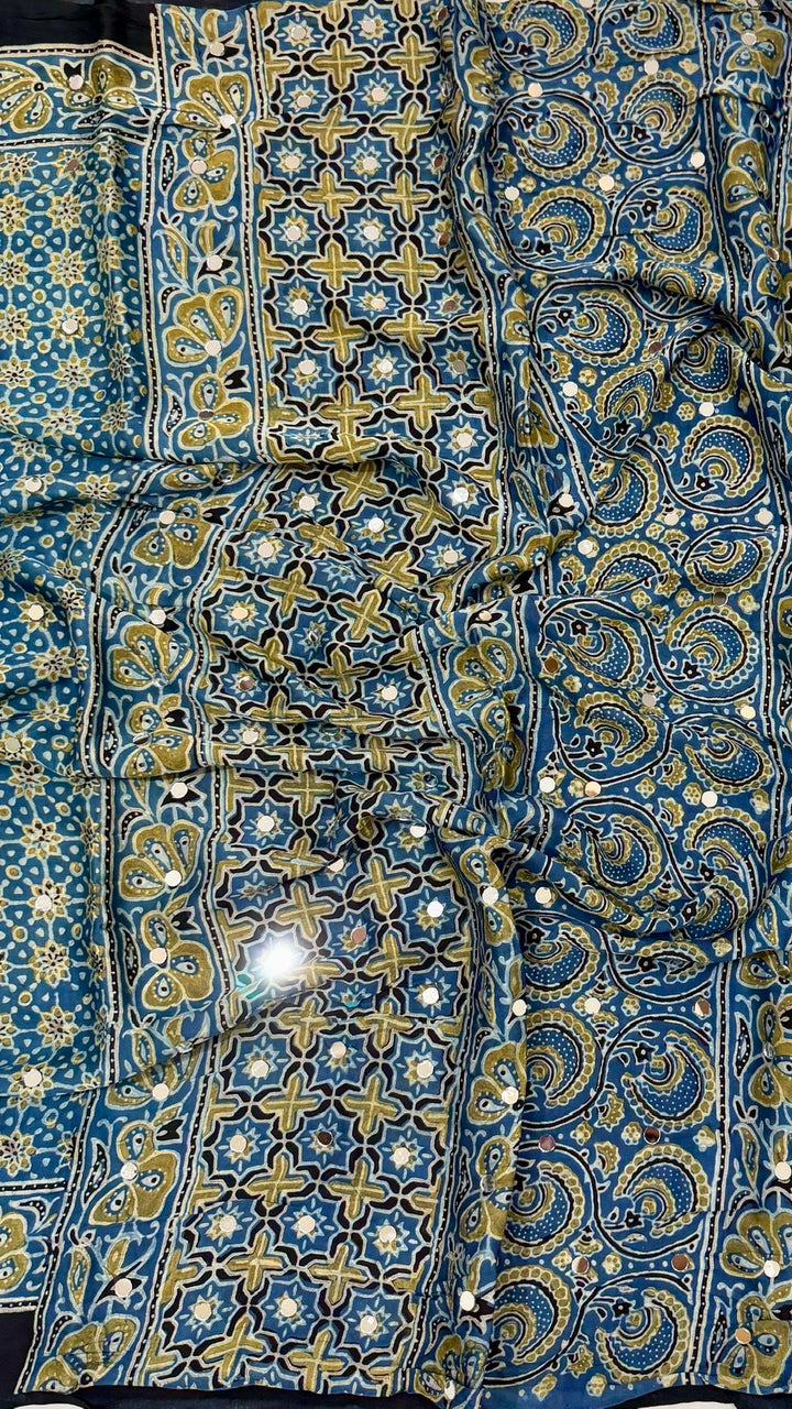Pure Modal Silk Saree in Turquoise Blue with Intricate Ajrakh Geometry and Mirror Work