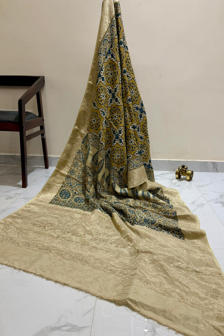 Beige Mustard Dola Silk Ajrakh Saree with Heritage Motifs & Rich Gold Zari Border