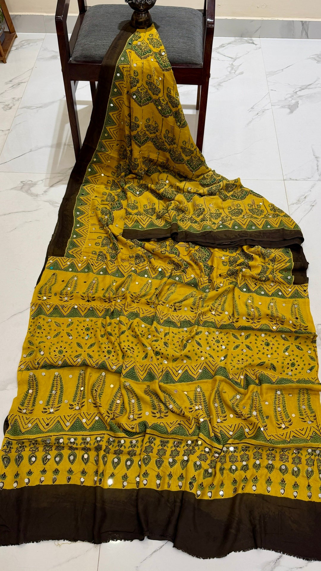 Pure Modal Silk Saree in Bright Olive Yellow with Chevron Ajrakh Borders and Mirror Work