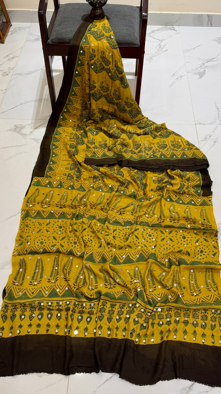 Pure Modal Silk Saree in Bright Olive Yellow with Chevron Ajrakh Borders and Mirror Work