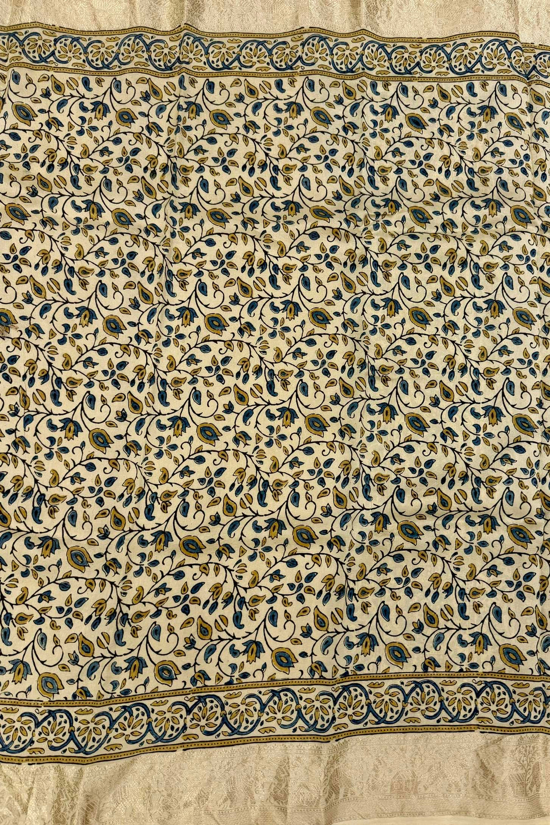 Beige Mustard Dola Silk Ajrakh Saree with Heritage Motifs & Rich Gold Zari Border