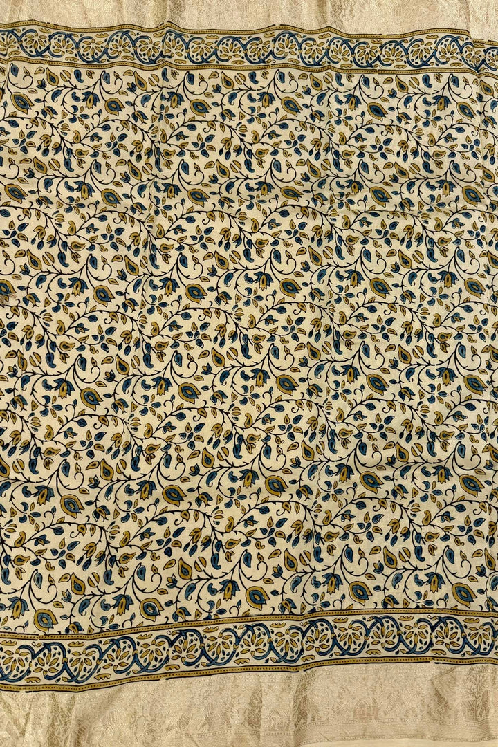 Beige Mustard Dola Silk Ajrakh Saree with Heritage Motifs & Rich Gold Zari Border