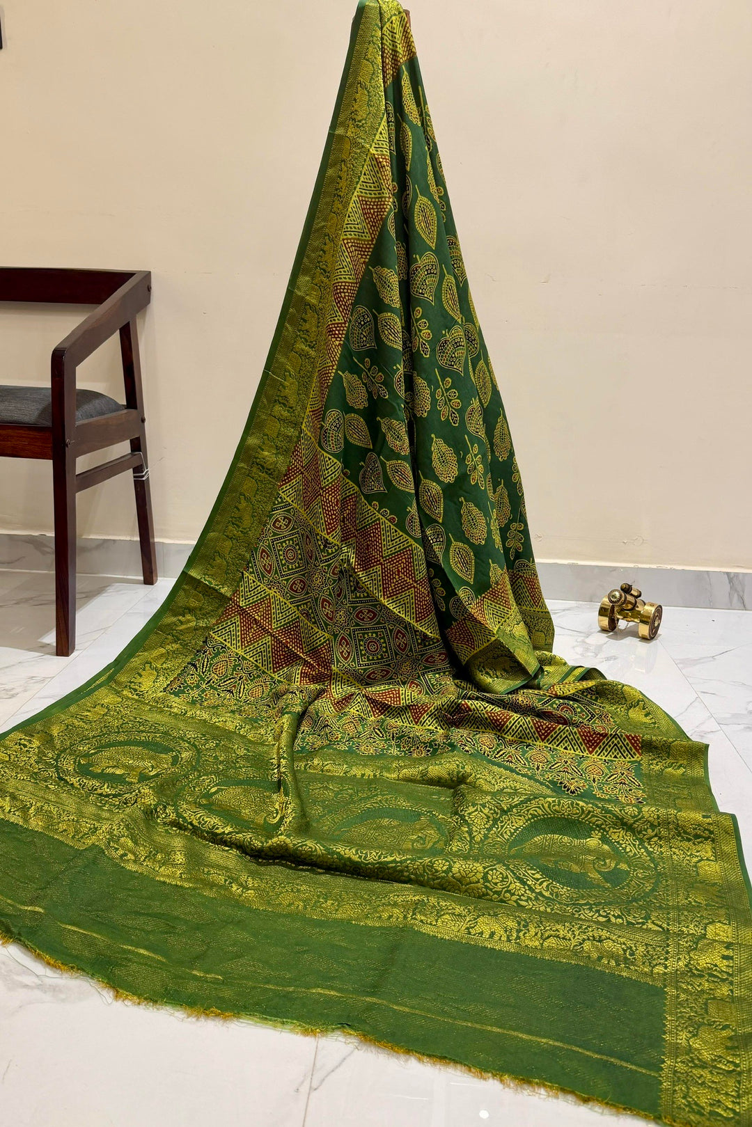 Emerald Green Dola Silk Ajrakh Saree with Geometric Motifs & Gold Zari Border