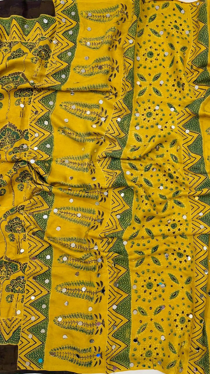 Pure Modal Silk Saree in Bright Olive Yellow with Chevron Ajrakh Borders and Mirror Work