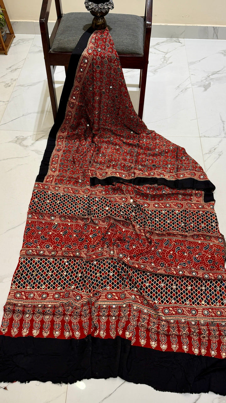 Pure Modal Silk Saree in Crimson Red with Classic Geometric Ajrakh and Mirror Work