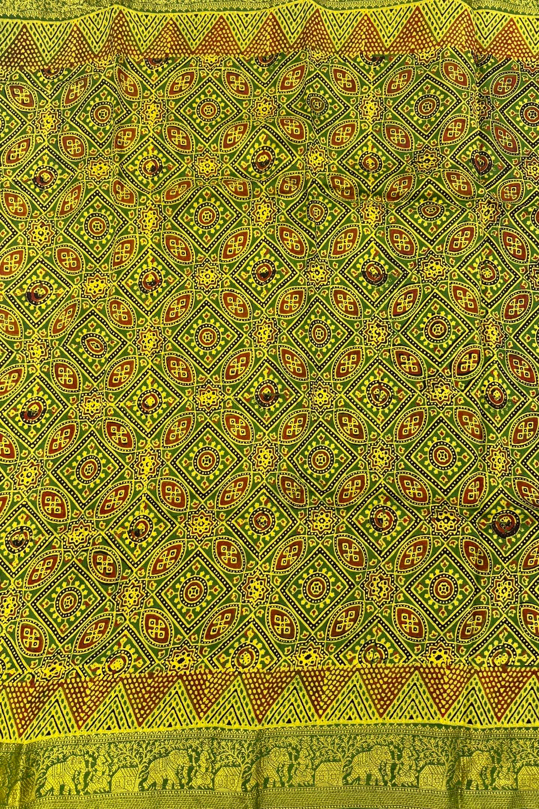Emerald Green Dola Silk Ajrakh Saree with Geometric Motifs & Gold Zari Border