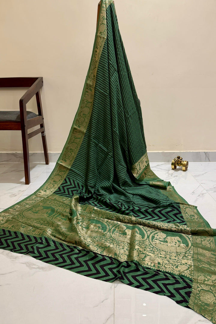 Forest Green Dola Silk Ajrakh Saree with Stripe Pattern & Traditional Zari Elephant Border