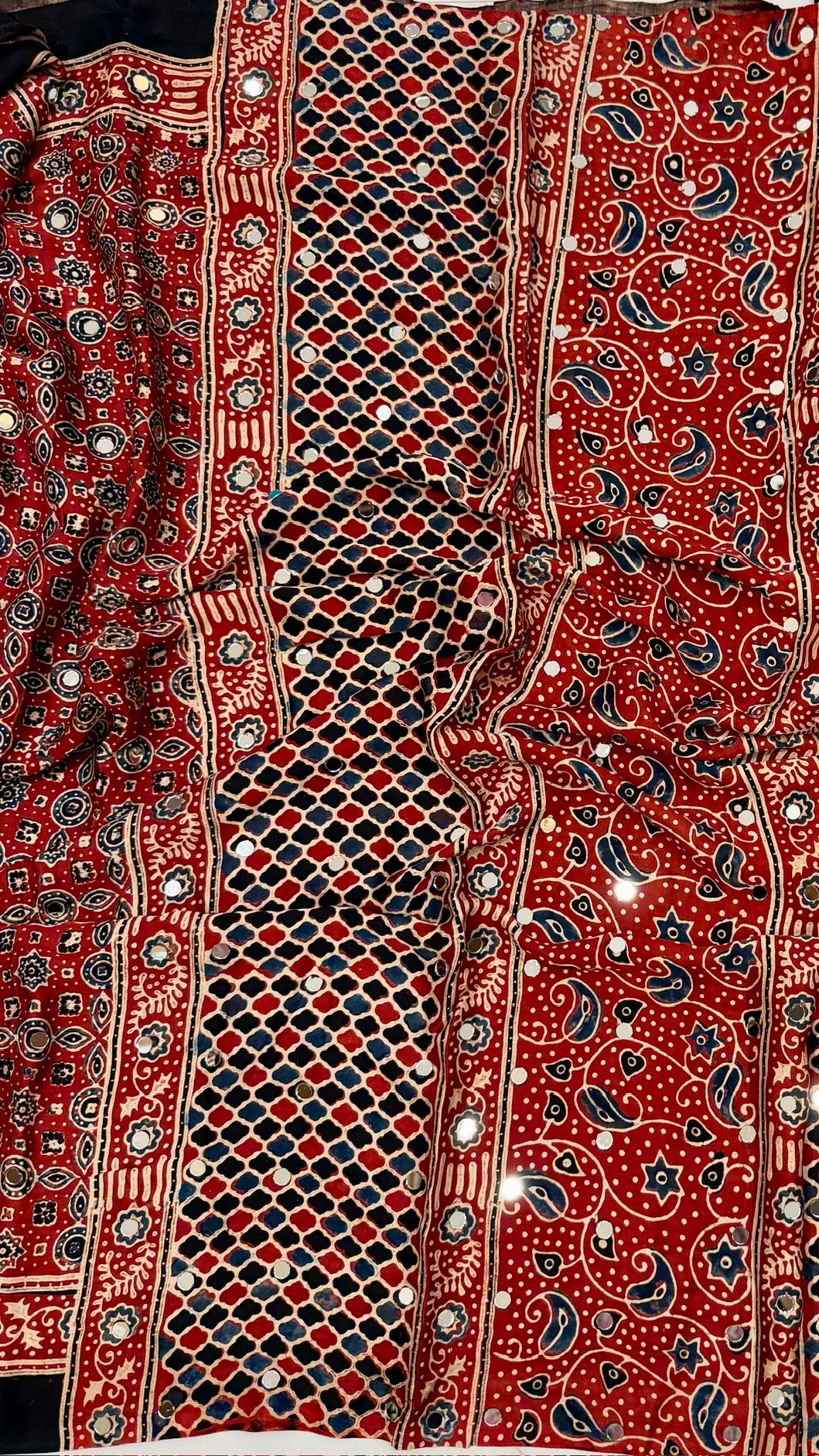Pure Modal Silk Saree in Crimson Red with Classic Geometric Ajrakh and Mirror Work