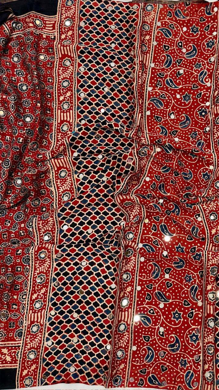Pure Modal Silk Saree in Crimson Red with Classic Geometric Ajrakh and Mirror Work