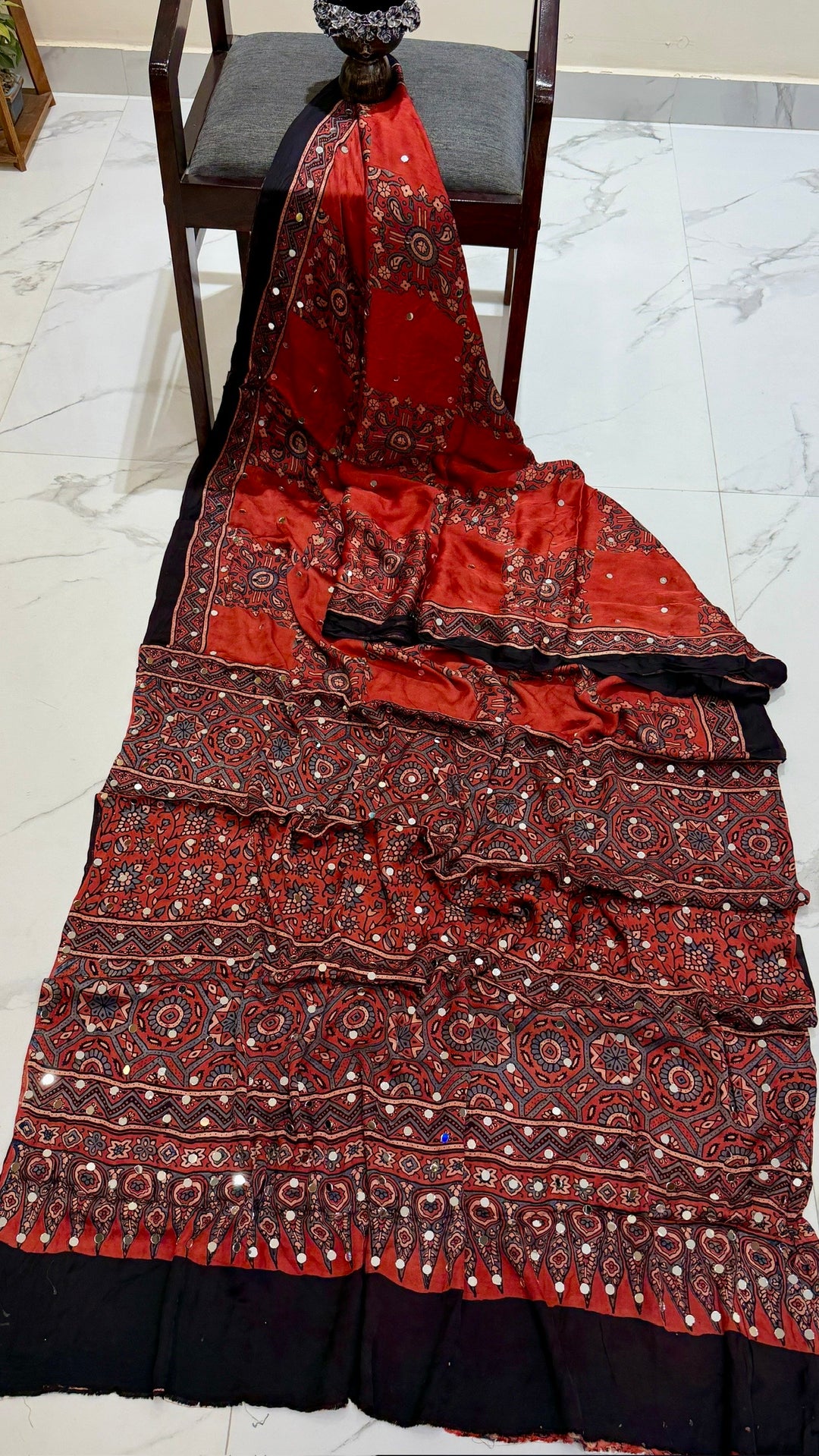 Pure Modal Silk Ajrakh Print Saree in Brick Red and Black with Mirror Work