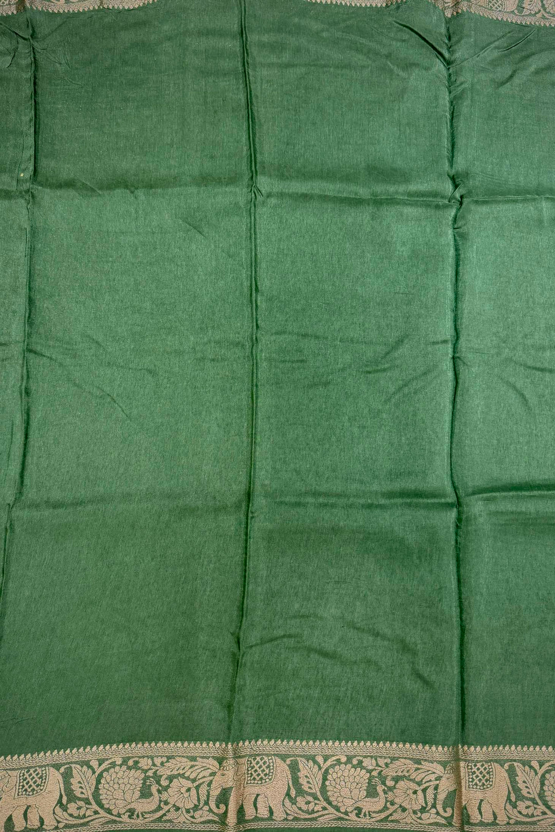 Forest Green Dola Silk Ajrakh Saree with Stripe Pattern & Traditional Zari Elephant Border