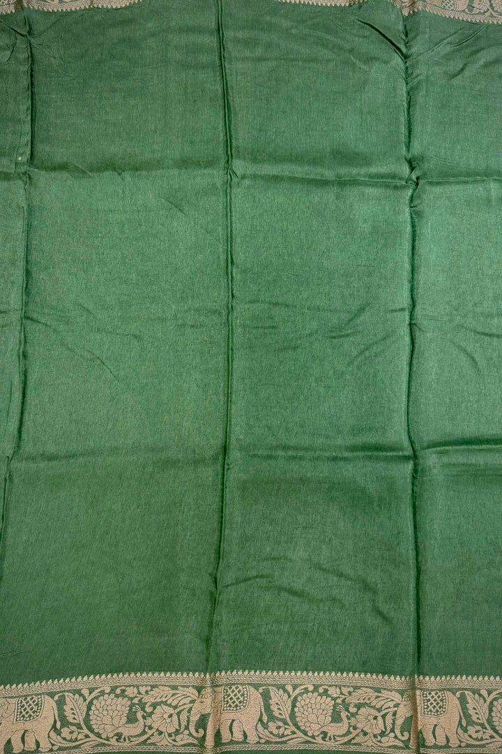 Forest Green Dola Silk Ajrakh Saree with Stripe Pattern & Traditional Zari Elephant Border