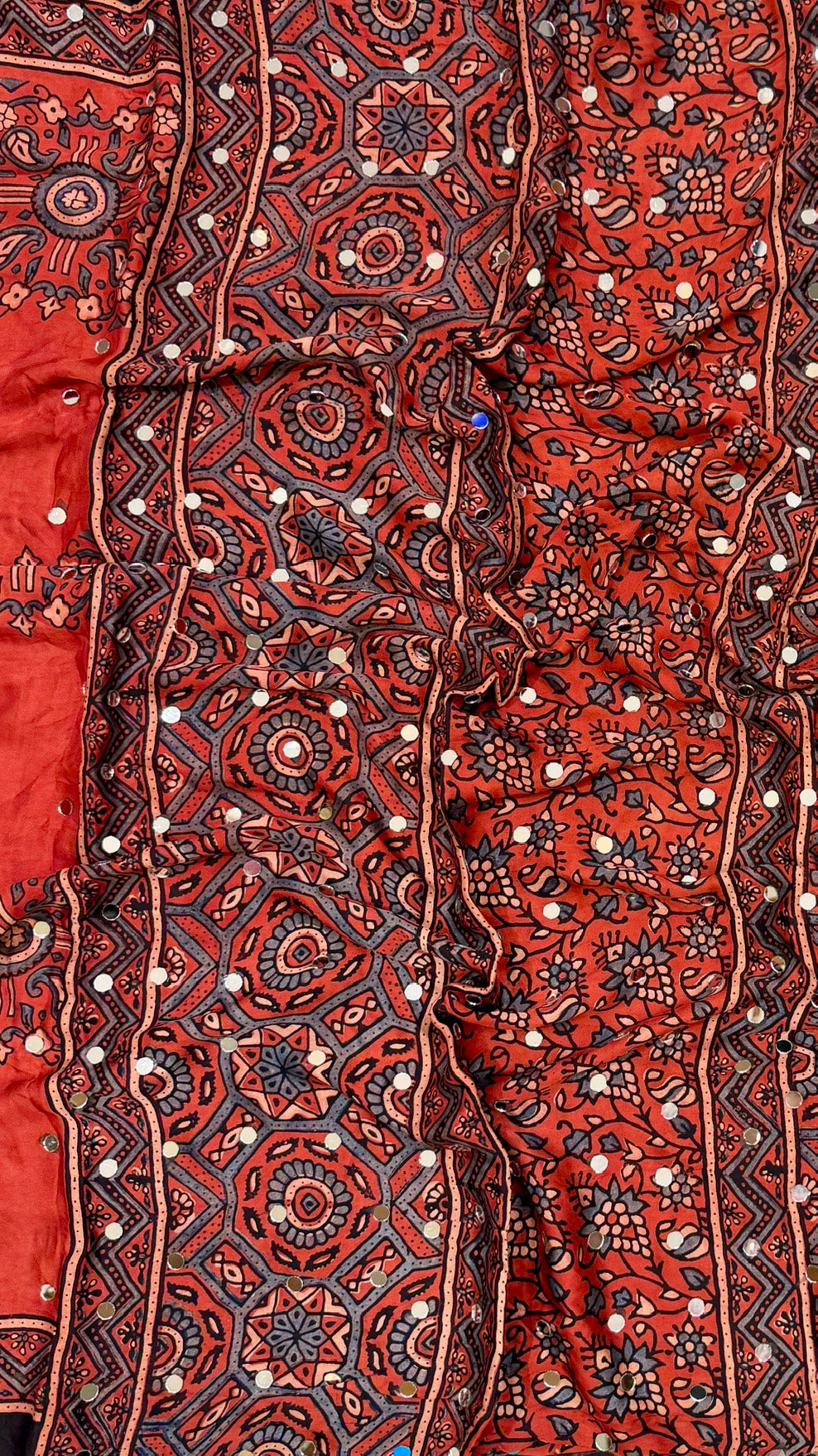 Pure Modal Silk Ajrakh Print Saree in Brick Red and Black with Mirror Work