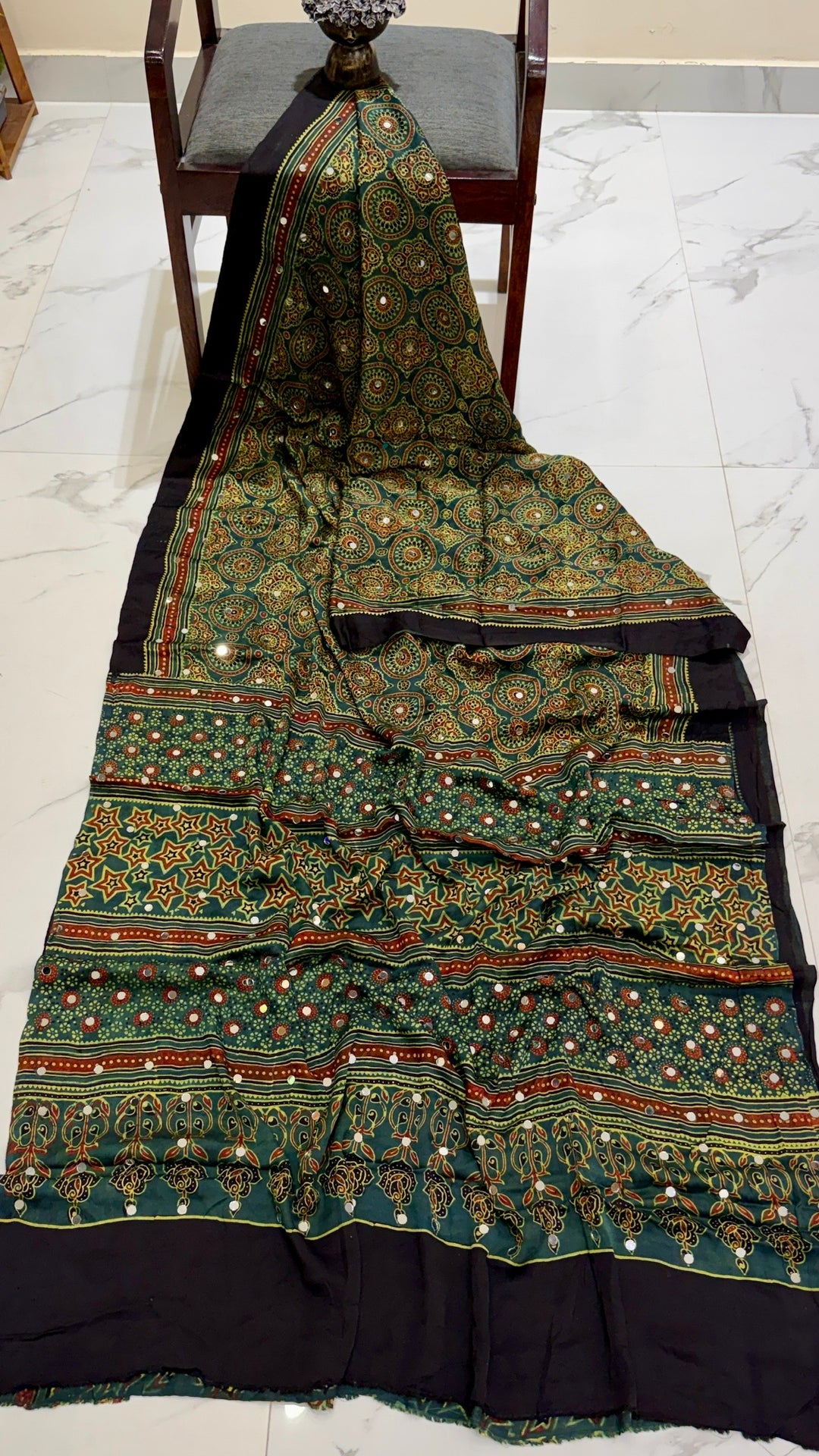 Pure Modal Silk Traditional Hand Block Print Saree in Bottle Green with Mirror Work