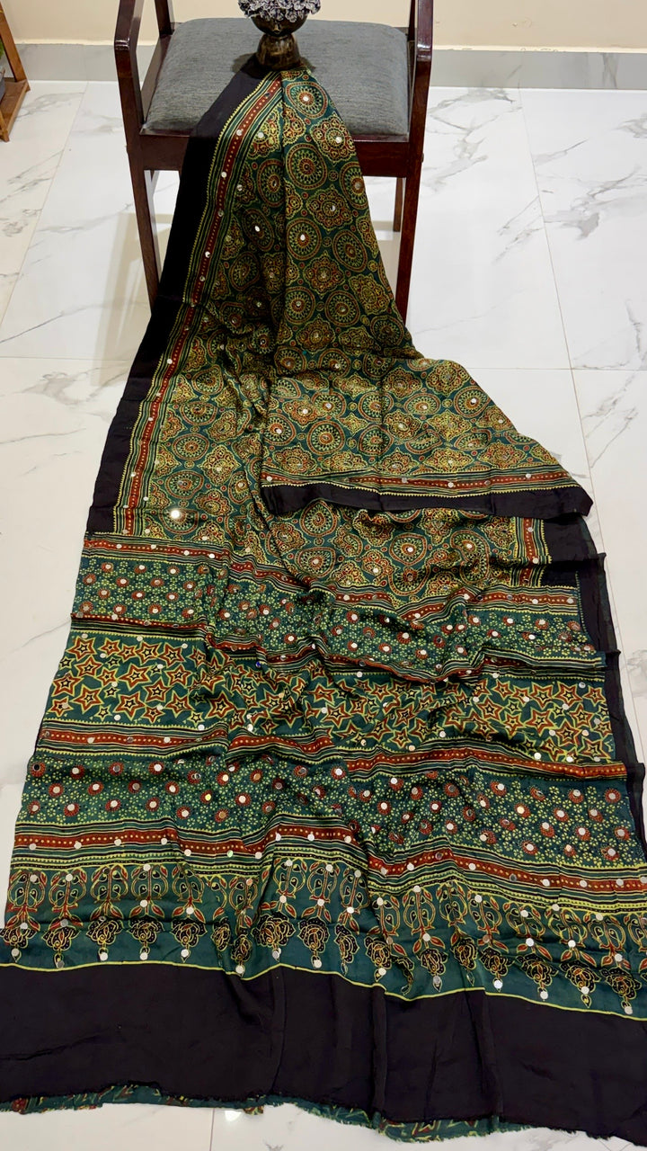 Pure Modal Silk Traditional Hand Block Print Saree in Bottle Green with Mirror Work