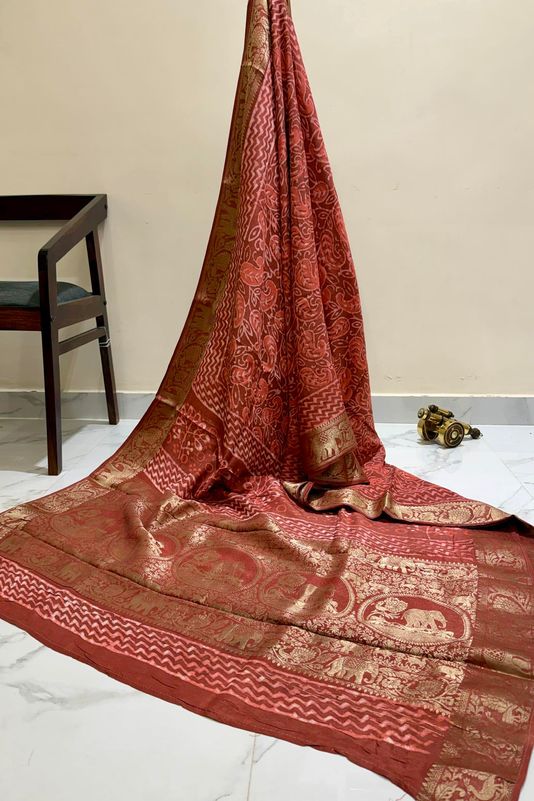 Rust Red Dola Silk Ajrakh Print Saree with Traditional Zari Border & Ethnic Pallu