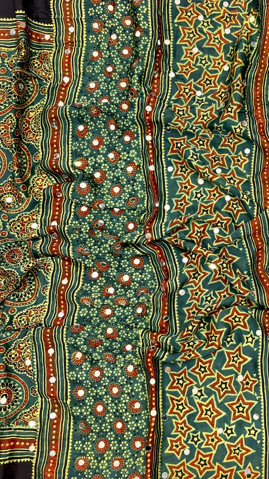 Pure Modal Silk Traditional Hand Block Print Saree in Bottle Green with Mirror Work