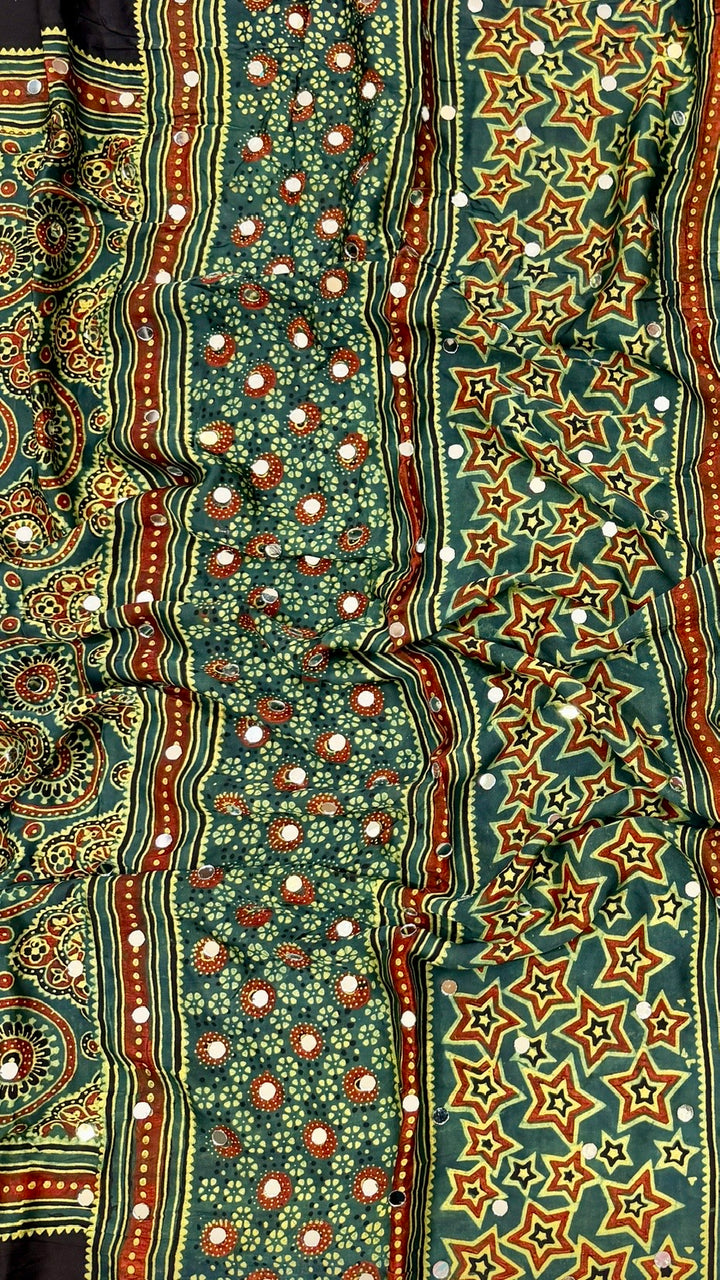 Pure Modal Silk Traditional Hand Block Print Saree in Bottle Green with Mirror Work
