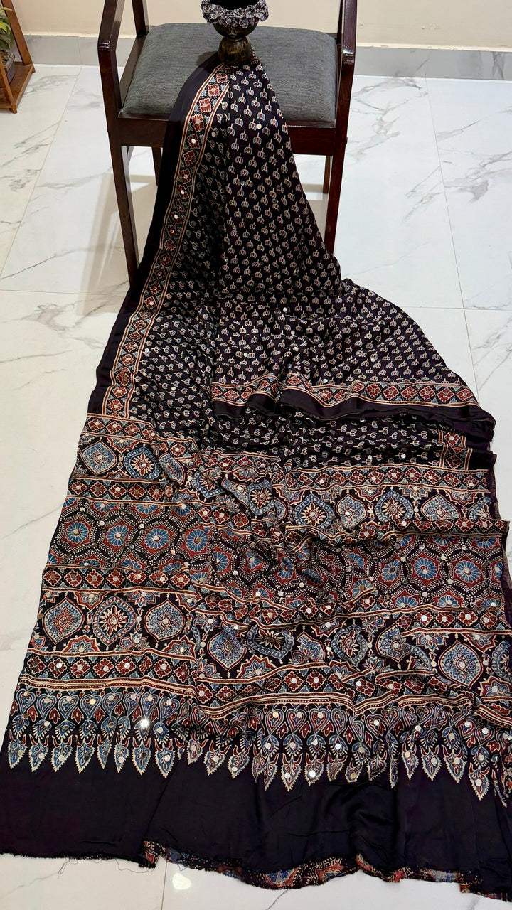 Pure Modal Silk Ajrakh Print Saree in Jet Black and Maroon with Mirror Work