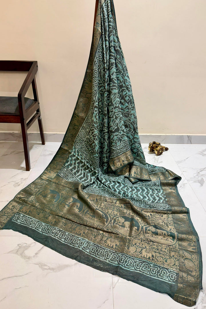 Teal blue Dola Silk Ajrakh Print Saree with Zari Border & Traditional Pallu