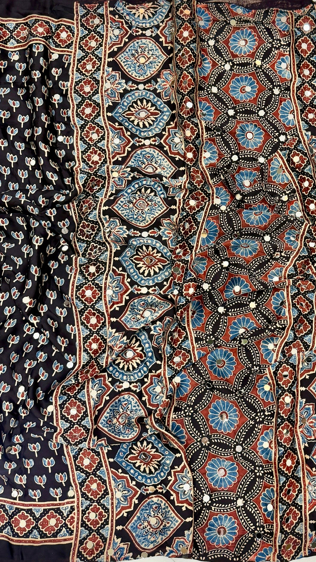 Pure Modal Silk Ajrakh Print Saree in Jet Black and Maroon with Mirror Work