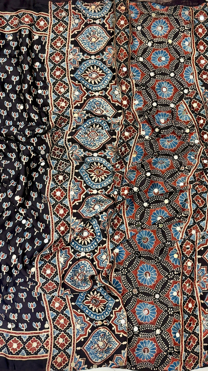 Pure Modal Silk Ajrakh Print Saree in Jet Black and Maroon with Mirror Work
