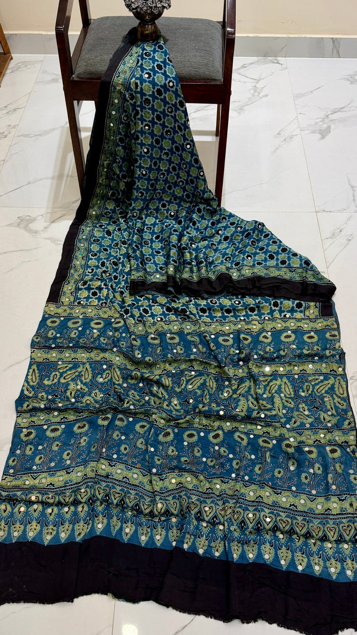 Pure Modal Silk Hand Block Print Saree in Teal Blue and Green with Mirror Work