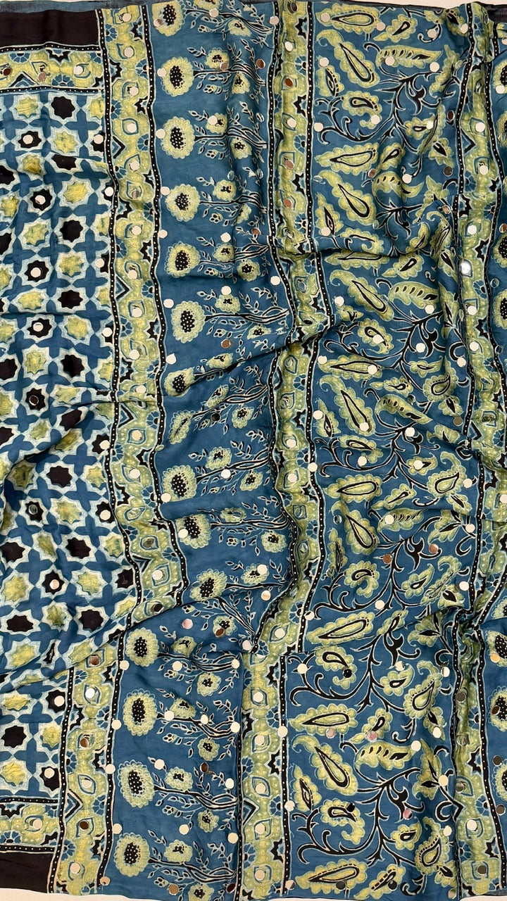Pure Modal Silk Hand Block Print Saree in Teal Blue and Green with Mirror Work