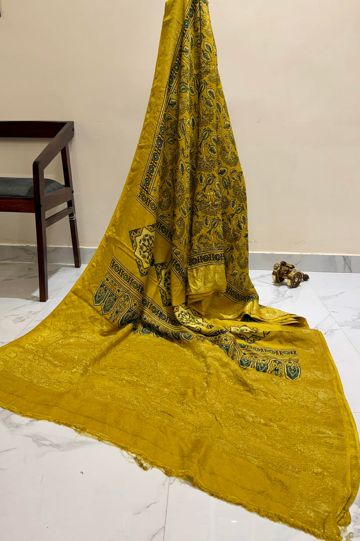 Mustard Yellow Dola Silk Ajrakh Print Saree with Zari Border & Traditional Pallu