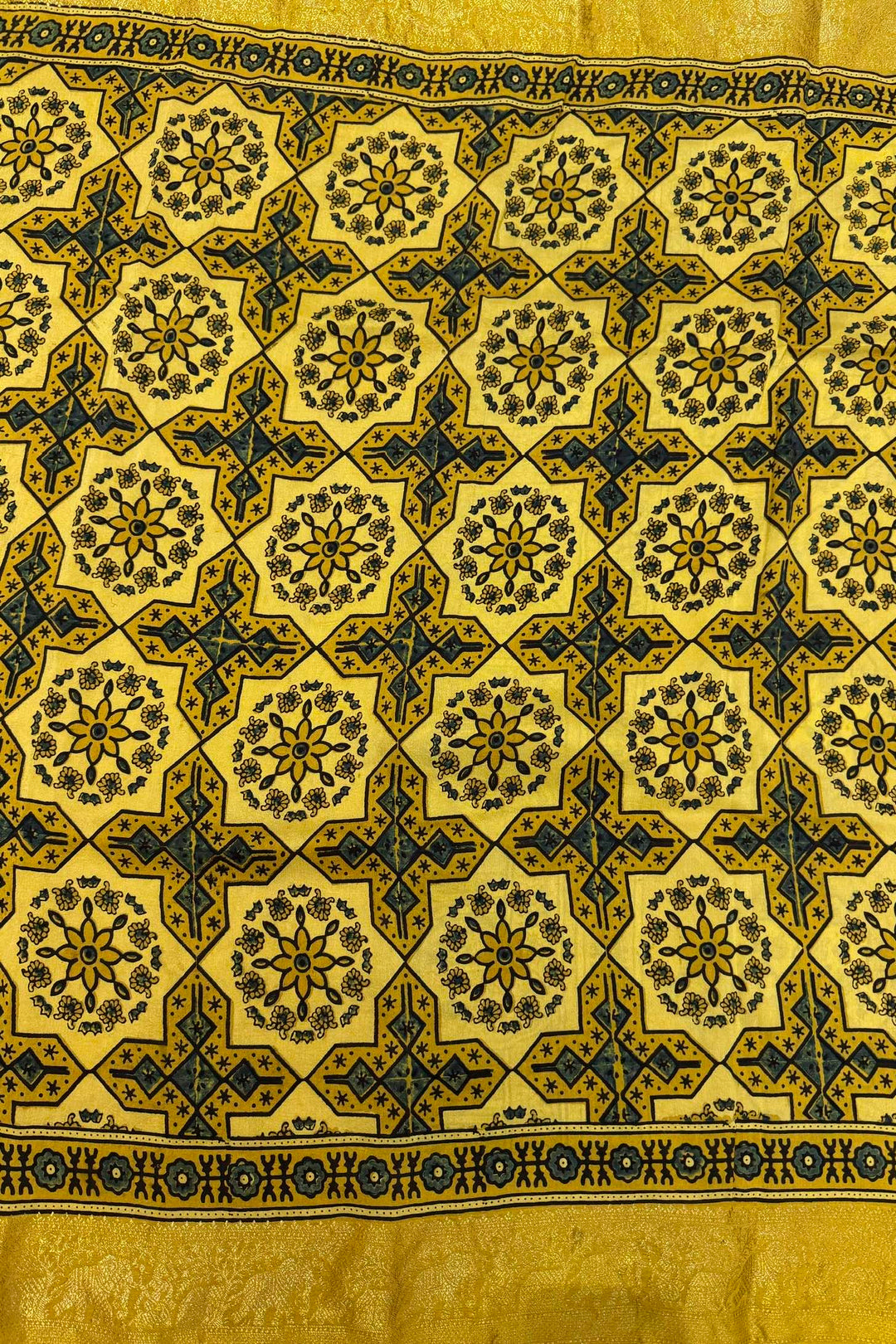 Mustard Yellow Dola Silk Ajrakh Print Saree with Zari Border & Traditional Pallu
