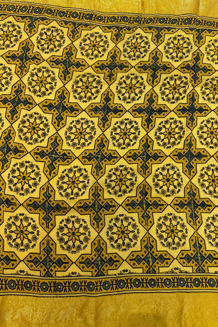 Mustard Yellow Dola Silk Ajrakh Print Saree with Zari Border & Traditional Pallu