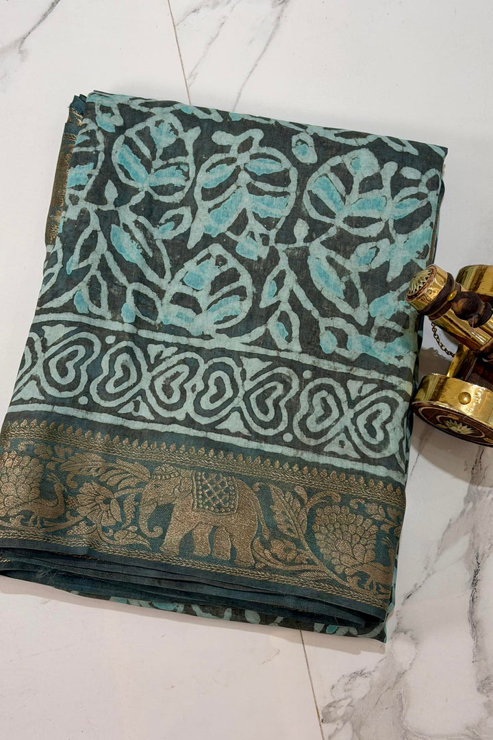Teal blue Dola Silk Ajrakh Print Saree with Zari Border & Traditional Pallu