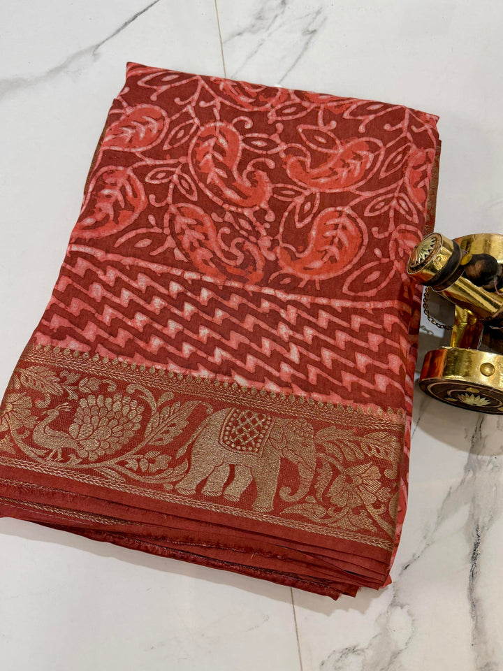 Rust Red Dola Silk Ajrakh Print Saree with Traditional Zari Border & Ethnic Pallu