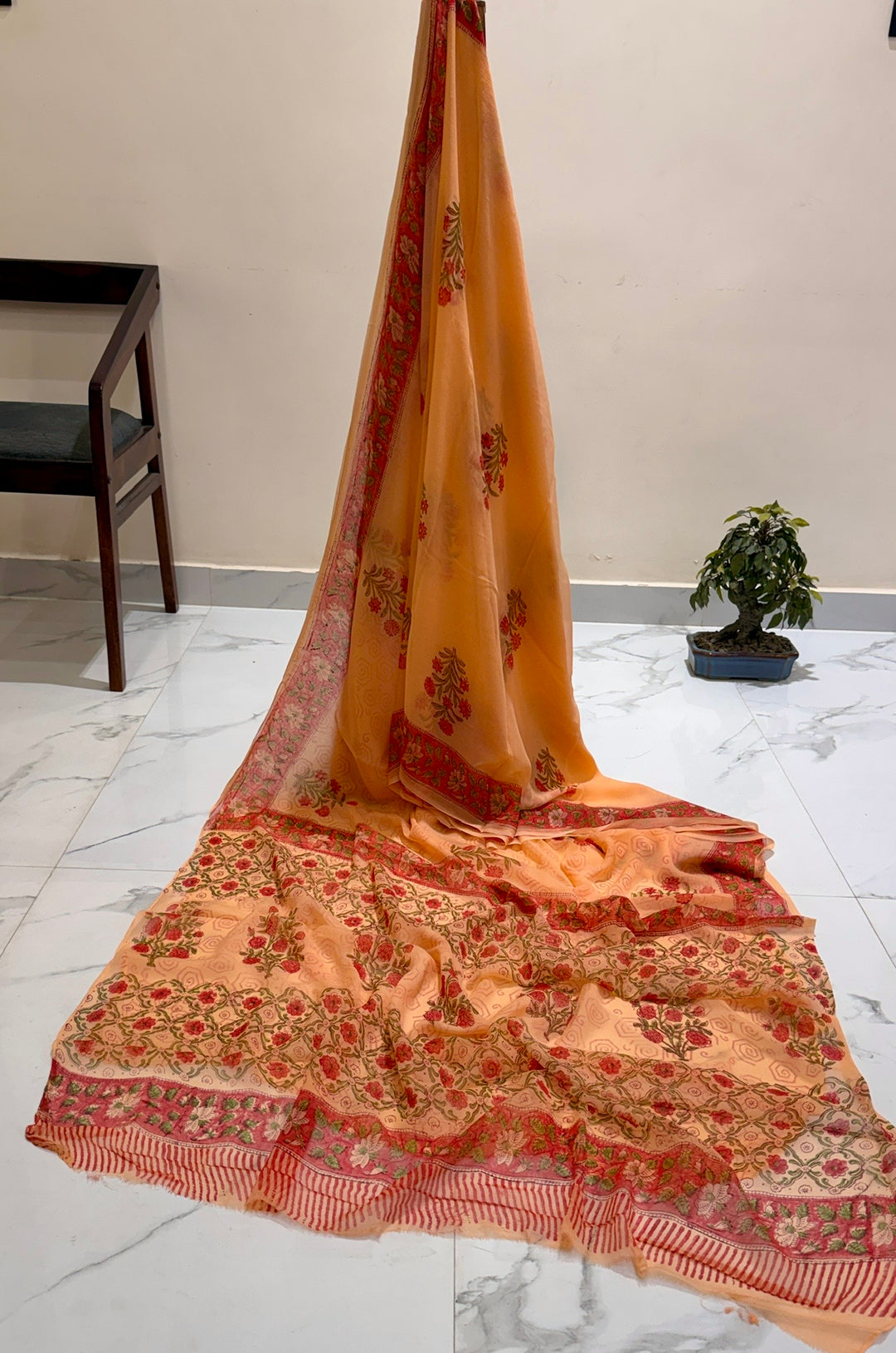 Premium Peach Chiffon Saree with Red Floral Handblock Print and Border