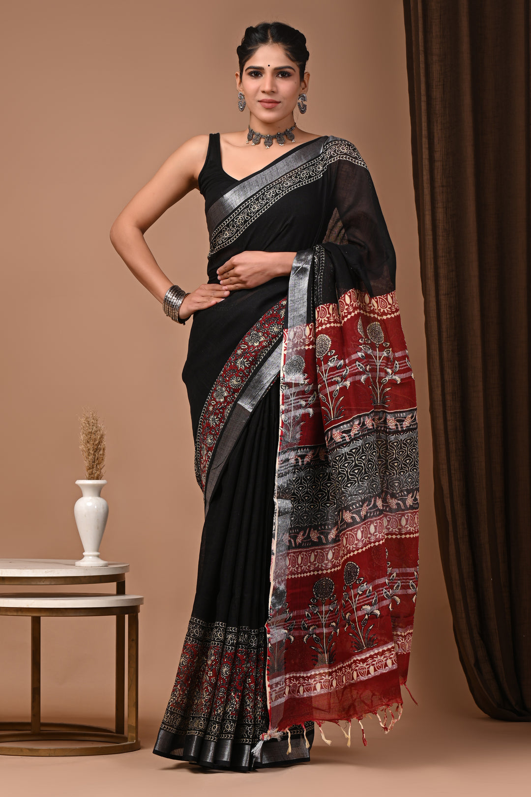 Midnight Black Linen Blend Saree with Crimson Block Print Pallu