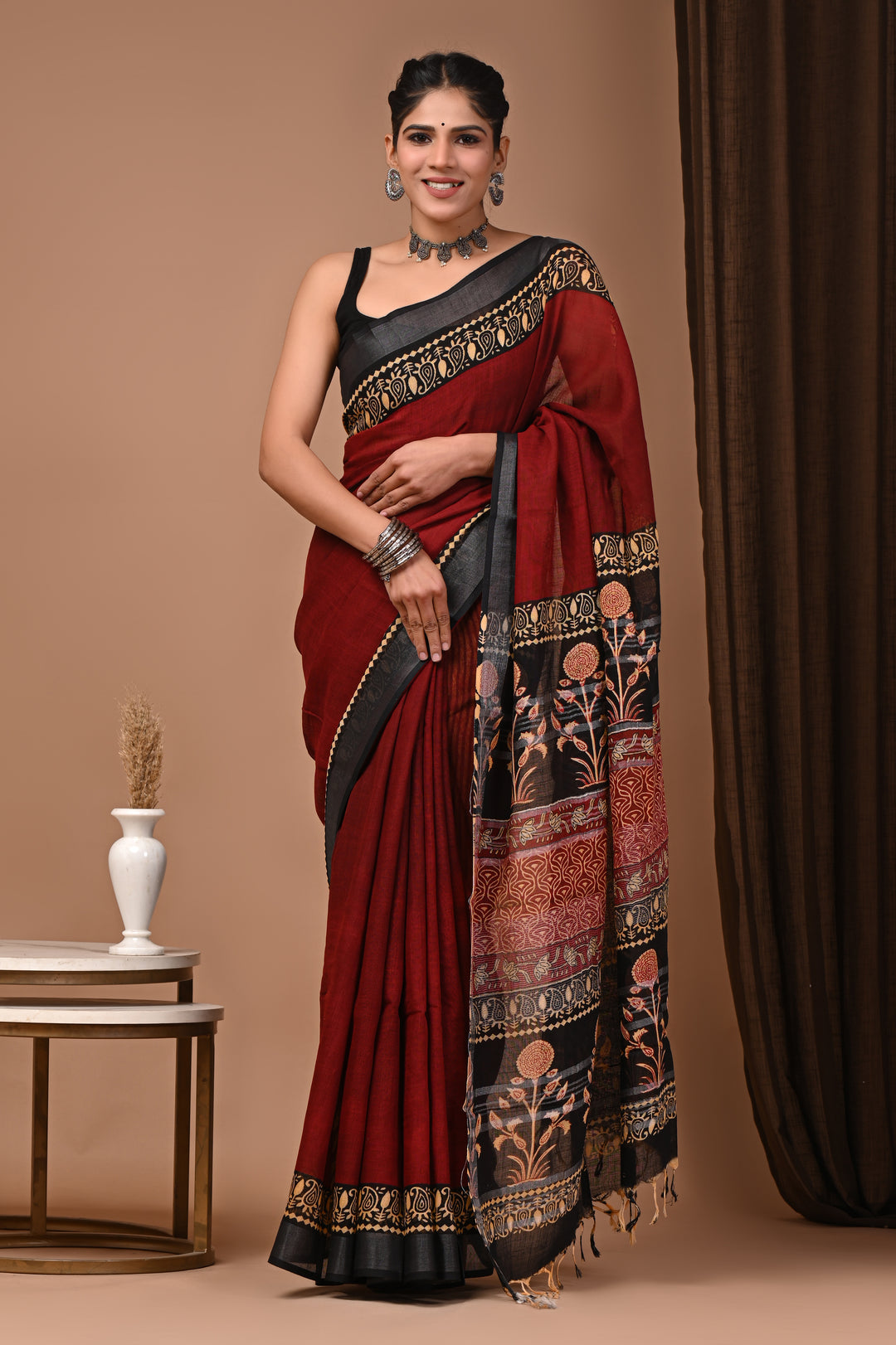 Deep Burgundy Solid Saree with Tribal Art Pallu