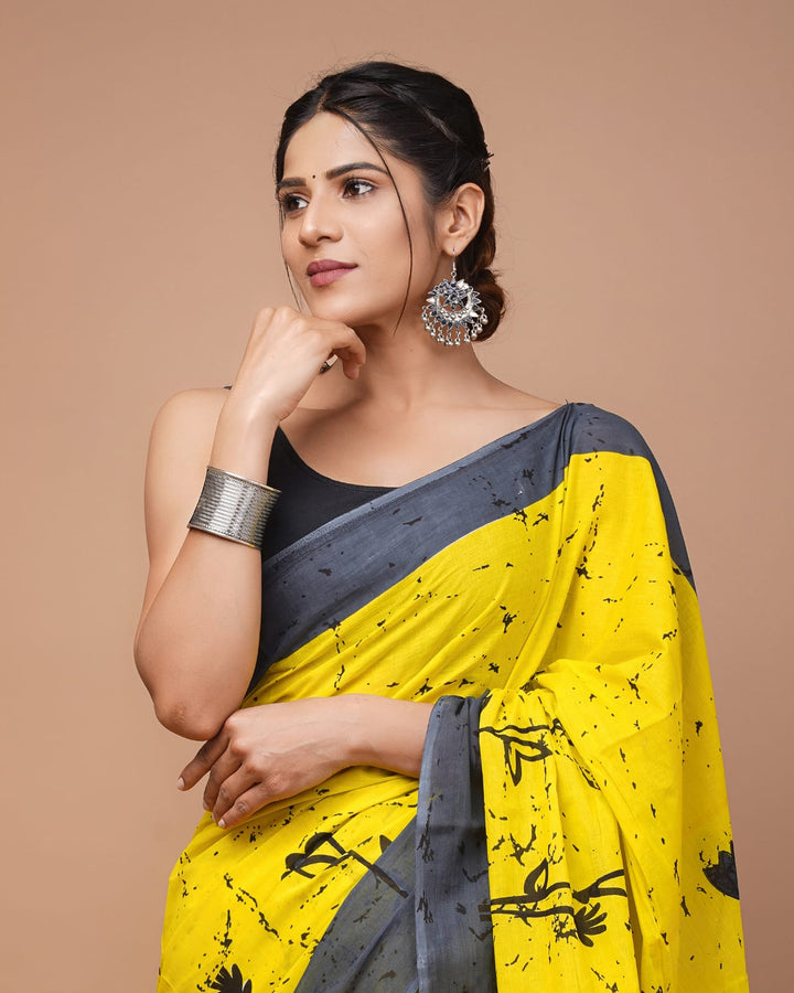Jaipuri Printed Pure Mulmul Cotton Saree | With Blouse Piece - Mustard yellow