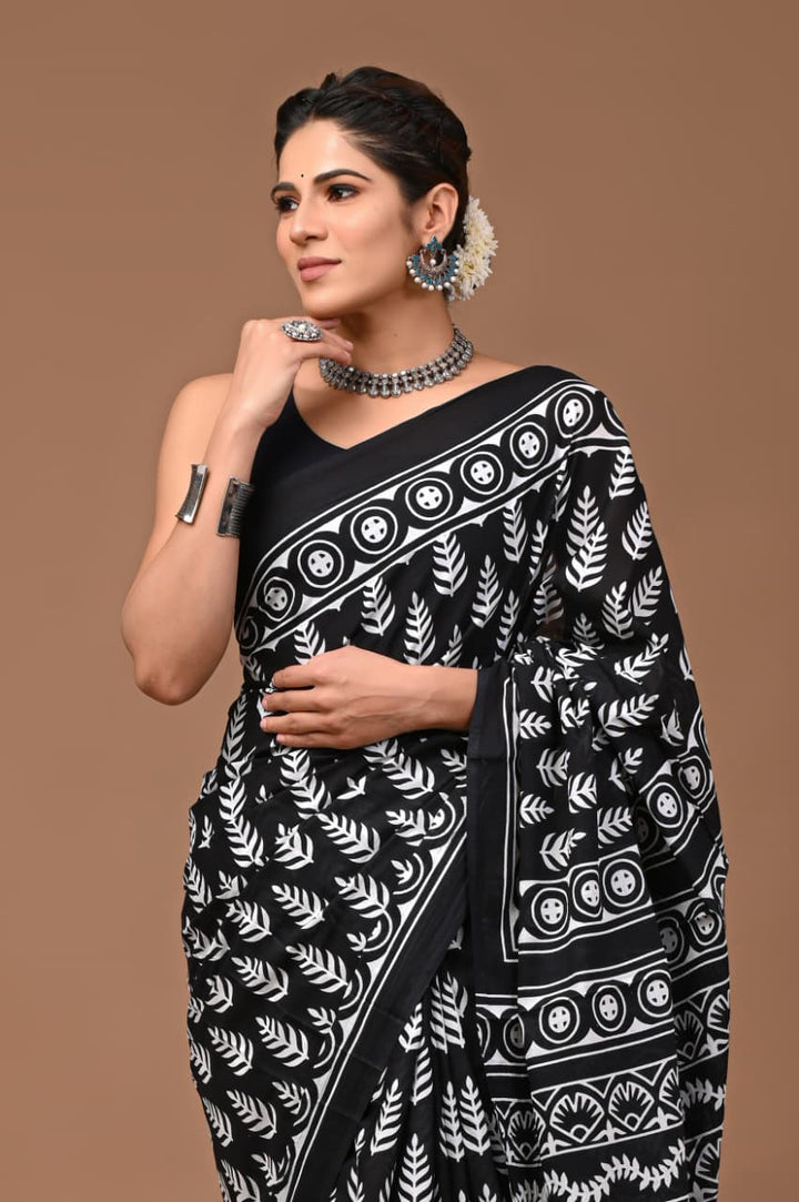 Jaipuri Printed Pure Mulmul Cotton Saree | With Blouse Piece - Black and white